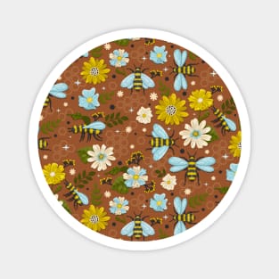 Blooming Flowers and Bees on Brown Magnet